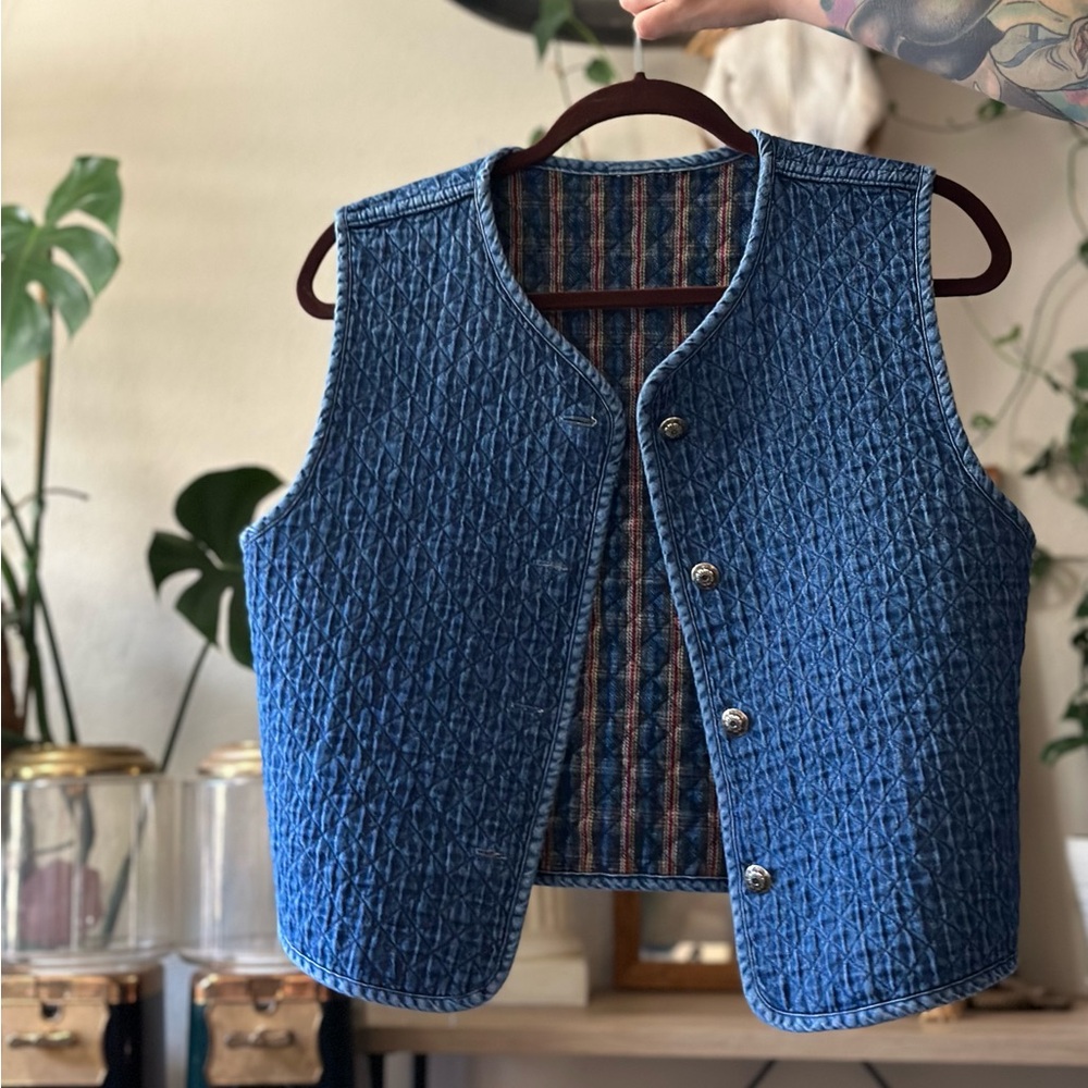 Striped Blue Button Down Vest - image 2
